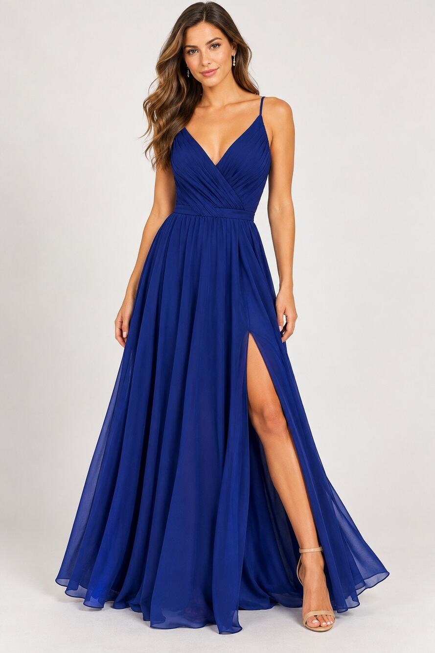 La Femme Women's Size 6 Royal Blue Chiffon Ruched V Neck Formal Maxi Gown Dress